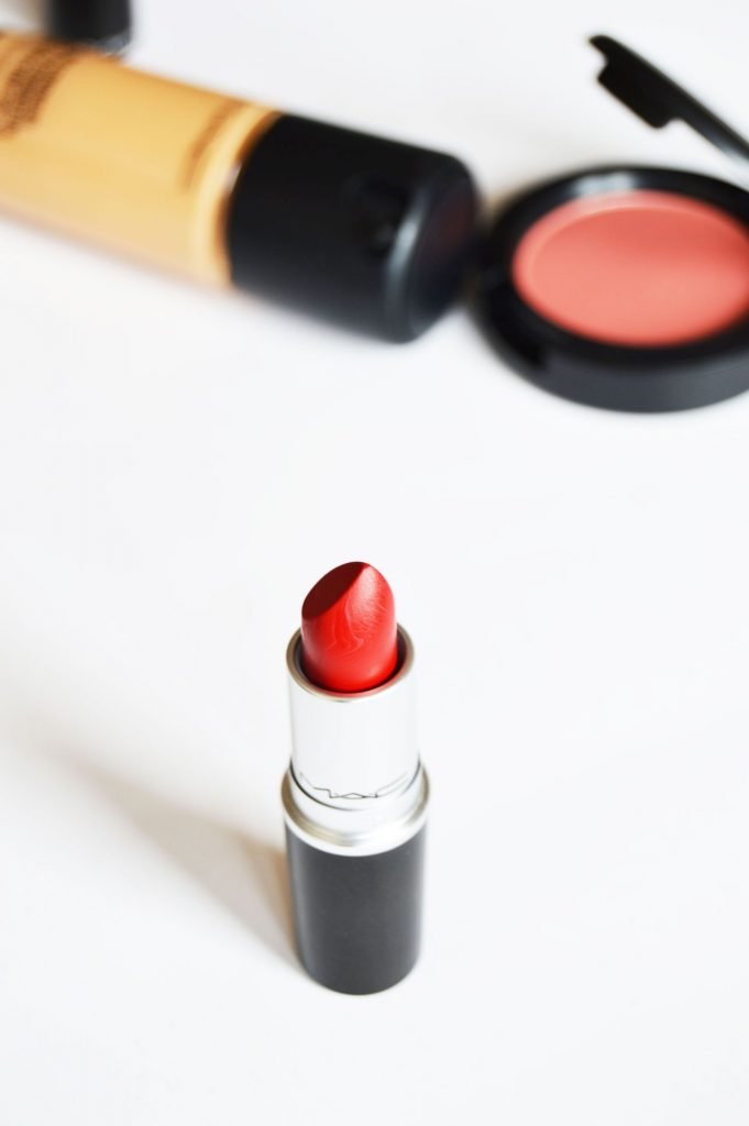Mac Haul with Mac Retro Matte Lipstick in Ruby Woo, MAC Sheertone Shimmer Blush in Peachykeen and MAC Pro Longwear foundation