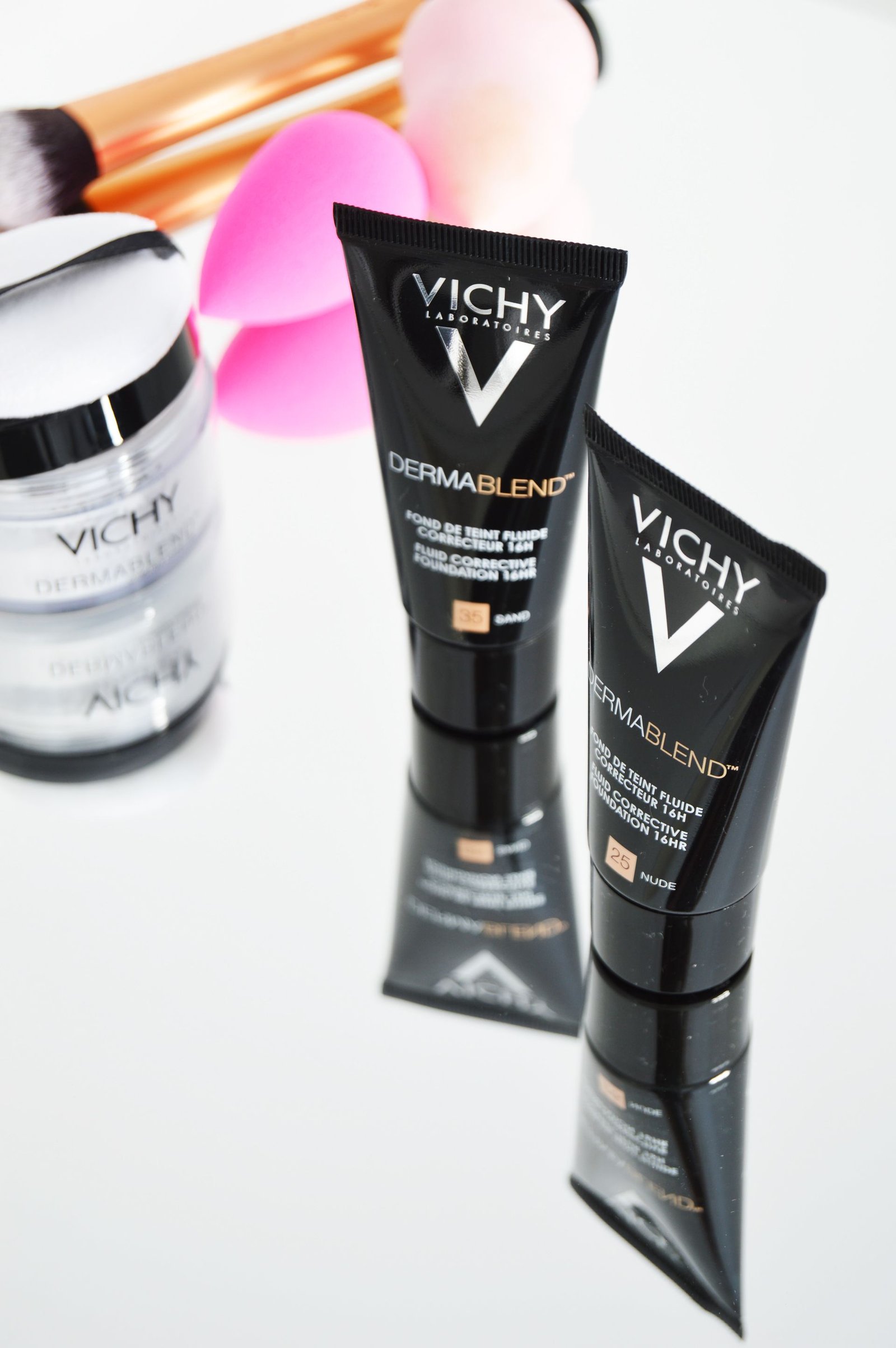 Vichy Dermablend Corrective foundation claims to cover any skin problem and last for 12 hours. Vichy Dermablend setting powder is made for this foundation and when both used together, it claims to last for 16 hours.