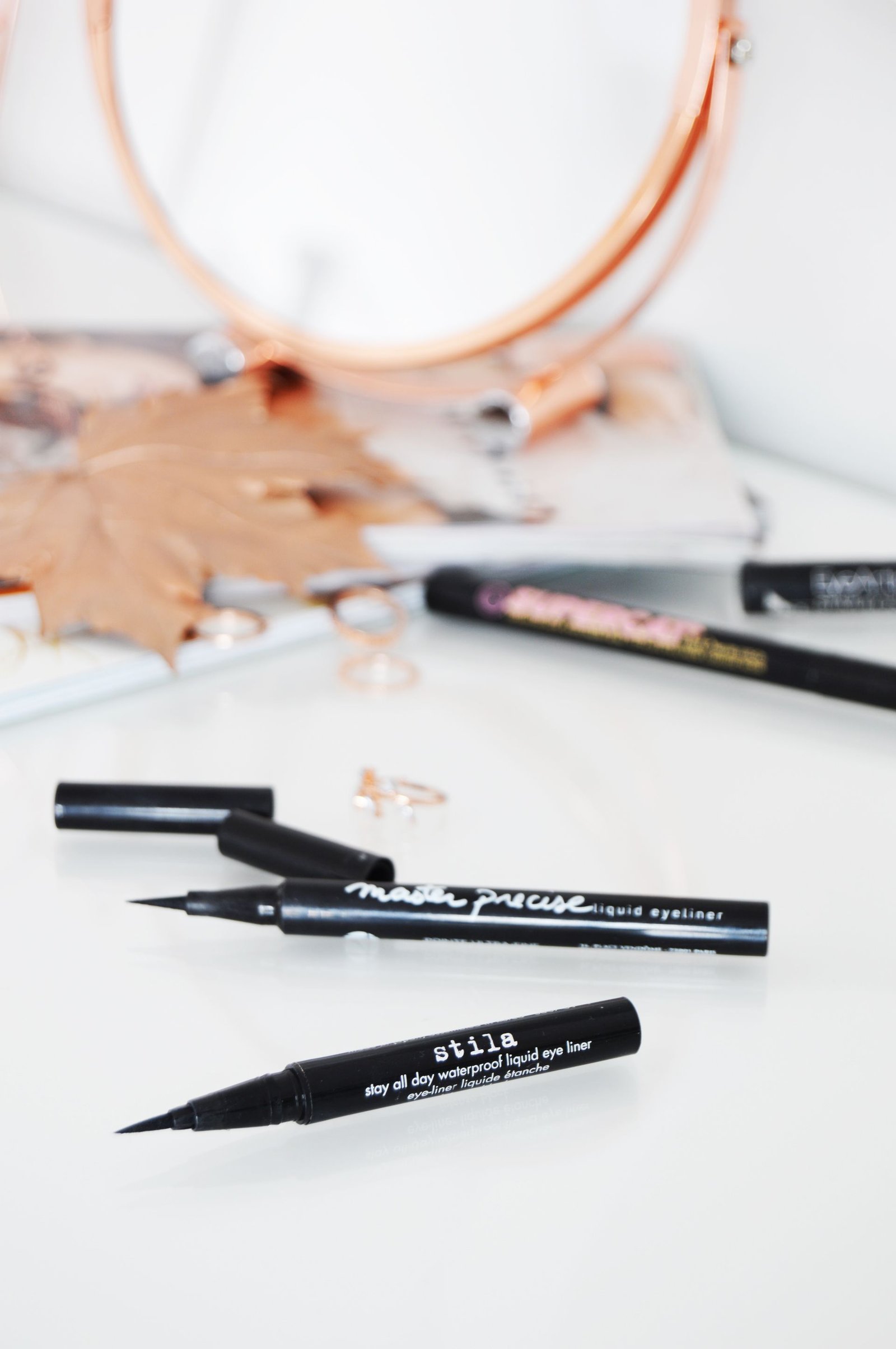 Drugstore vs High End Eyeliner - Stila Stay All Day waterproof liquid eyeliner vs Maybelline Master Precise liquid eyeliner. Maybelline one is the good dupe of Stila one. Felt tip liner and the pigmentation are almost the same.