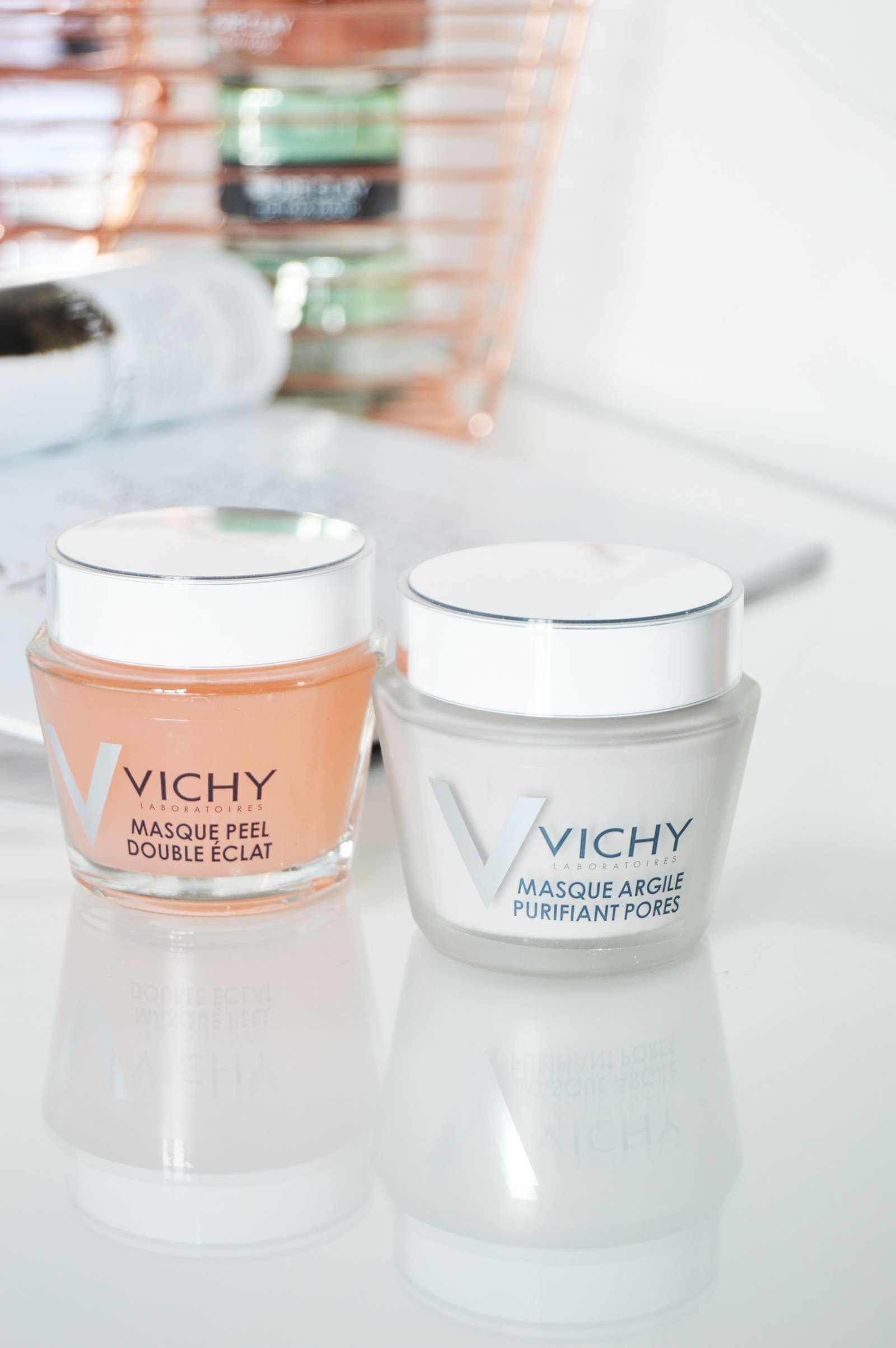 Vichy Mineral Masks combine the supercharged minerals of earth, water and rocks to give brighter and healthier skin. - Double Glow Peel Mask is exfoliating and brightening. Pore purifying clay mask is for controlling the excessive oil and tightening the pores.