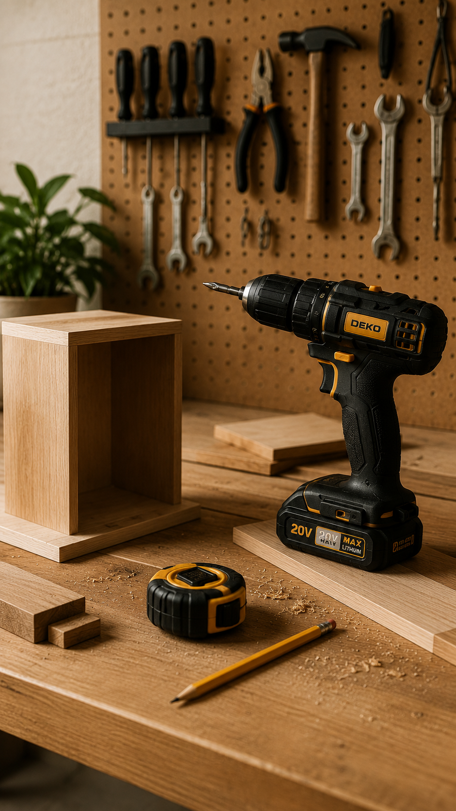 Warm woodworking workspace featuring a cordless drill, wooden pieces, measuring tape, pencil, and neatly organised tools on a pegboard wall.