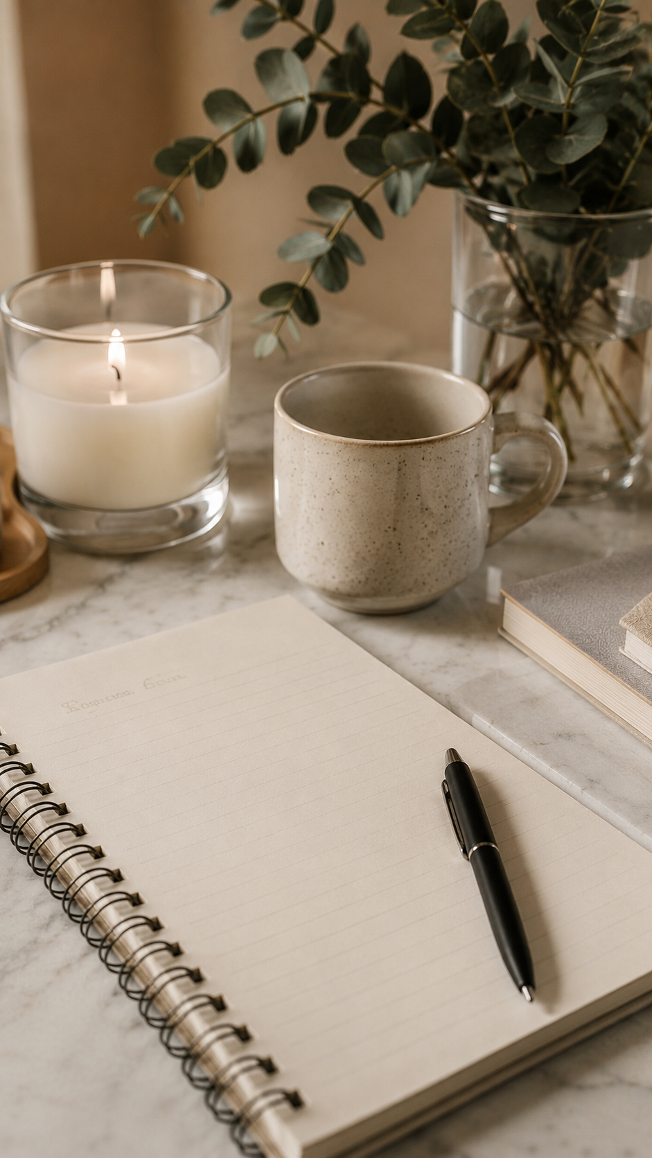Calm desk setup with an open notebook, black pen, candle, ceramic mug, eucalyptus stems, and books on a marble surface in soft lighting.